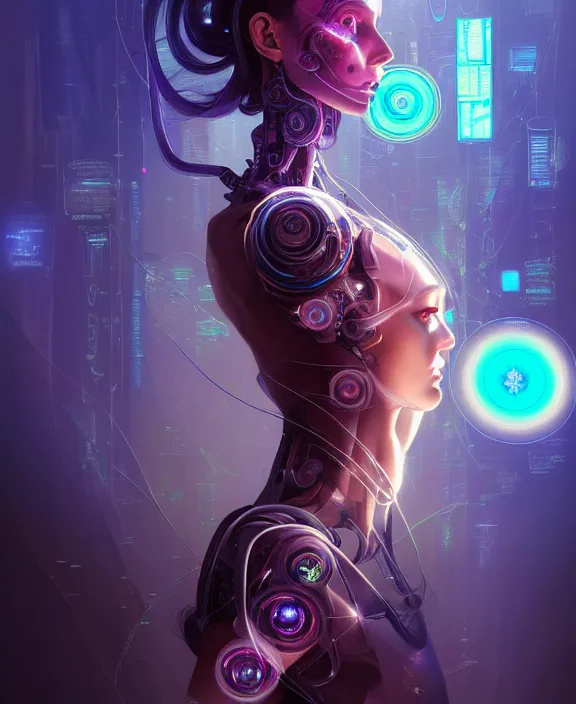 Image similar to a whirlwind of souls rushing inside the metaverse, hologram, half body, neurochip, shaved temple, piercing, jewelry, android, cyborg, cyberpunk face, by loish, d & d, fantasy, intricate, elegant, highly detailed, colorful, digital painting, artstation, concept art, art by artgerm and greg rutkowski and alphonse mucha