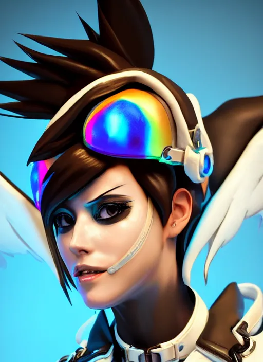 Image similar to portrait bust digital artwork of tracer overwatch, wearing white iridescent rainbow latex and leather straps catsuit outfit, 4 k, expressive happy smug expression, makeup, in style of mark arian, angel wings, wearing detailed black leather collar, chains, black leather harness, detailed face and eyes,
