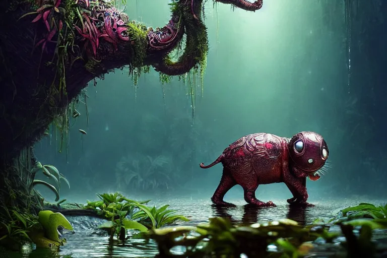 Prompt: cute creature in a lush trunda vegetation, water reflection, night, backlit, warm tones, bioluminescent : : by michal karcz, daniel merriam, victo ngai and guillermo del toro : : ornate, dynamic, particulate, intricate, elegant, highly detailed, centered, artstation, smooth, sharp focus, octane render, 3 d