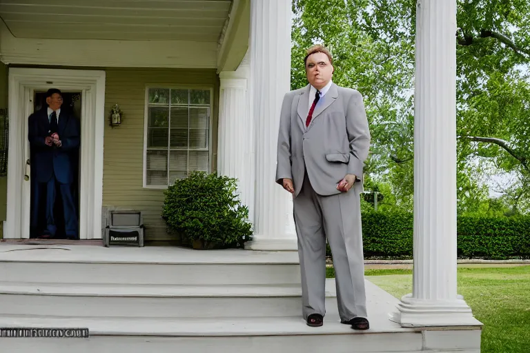 Image similar to cinematic film still from 1994 film: portly clean-shaven white man wearing suit and necktie standing on the front porch of his house. XF IQ4, f/1.4, ISO 200, 1/160s, 8K, RAW, dramatic lighting, symmetrical balance, in-frame