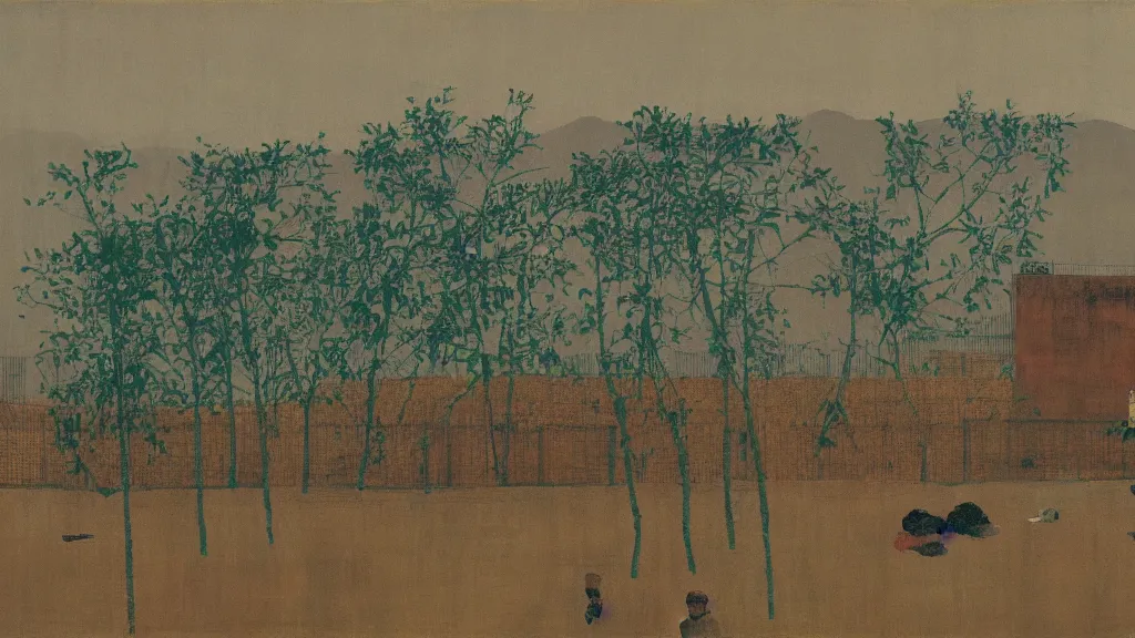 Image similar to a chinese prison near a river by peter doig, muted colors