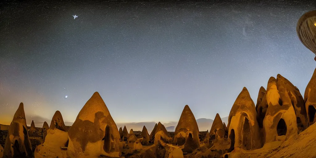 Prompt: a detailed beautiful matte painting of a Cappadocia, Turkey under a starry night sky, by Mikko Lagerstedt and Raphael Lacoste, fisheye lens