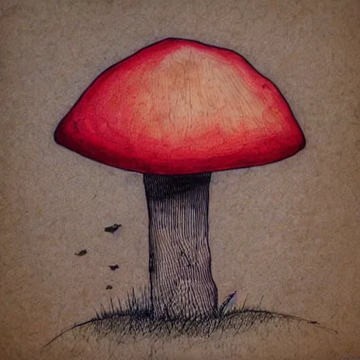 Prompt: fly armanita mushroom, forest, pen and ink drawing, drawn by hand, cozy, natural colors, textured paper