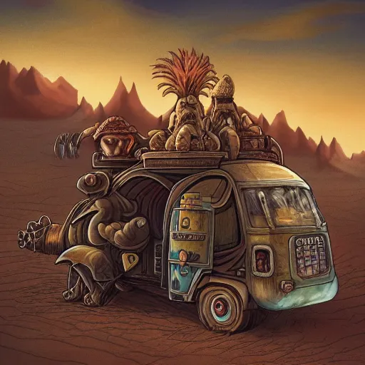 Image similar to several stoner merchants in robes with integrated bong gas mask appliances, trucking bales of herbs across an alien desert with camel-like creatures in tow. Album art by Arik Roper