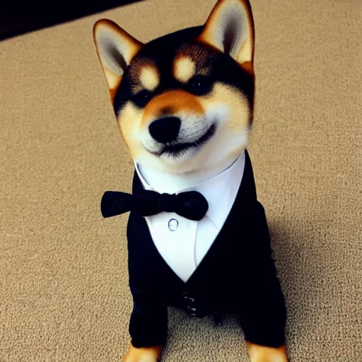 Prompt: cute shiba inu wearing a tuxedo suit