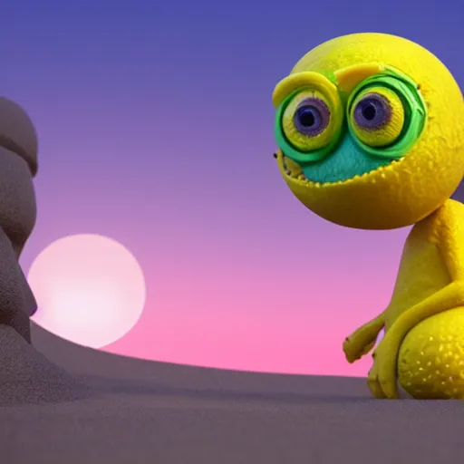 Prompt: 3 d render, of anthropomorphic lemon character that looks like a monster from the movie وmonsters inc, with lemon skin texture, he is wearing a hat, building a sandcastle on the beach at sunset, beach, huge waves, sun, clouds, long violet and green trees, rim light, cinematic photography, professional, sand, sandcastle, volumetric lightening