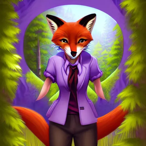 Prompt: don bluth, artgerm, clockpunk anthropomorphic fox girl, purple vest, smiling, symmetrical eyes symmetrical face, bright colorful forest background