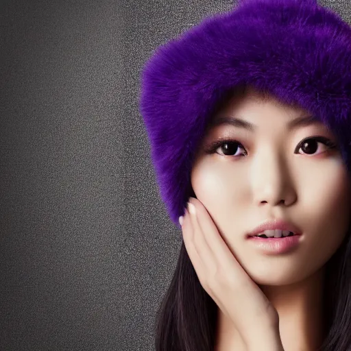 Image similar to close up portrait photography of beautiful asian female model wearing balaclava and golden neckkace, purple and blue futuristic light
