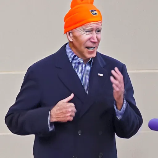 Image similar to joe Biden looking fresh with his newest waves on the hair while wearing orange puff jacket and purple durag, phone photo