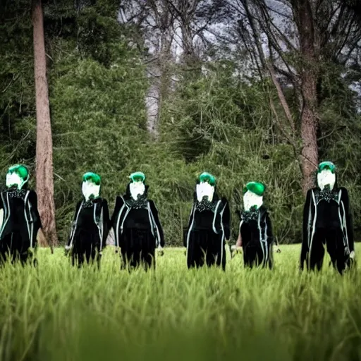 Prompt: the emerald green reapers stand in the meadow, preparing to take souls