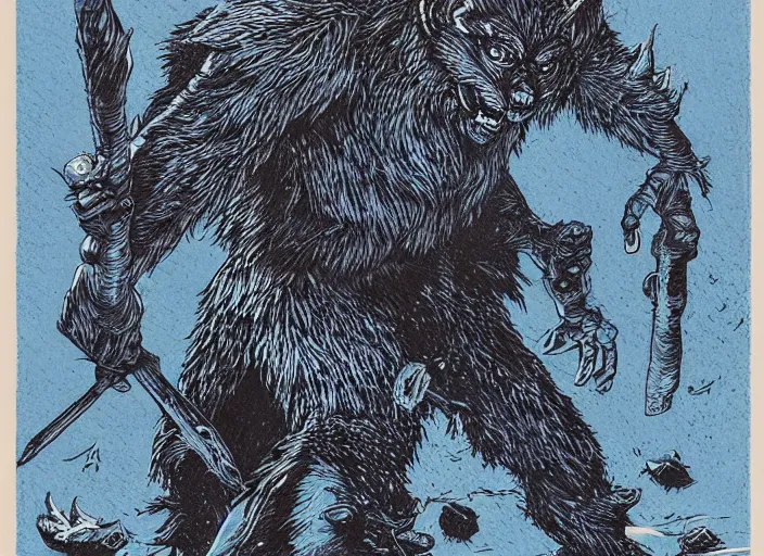 Image similar to blue woodcut print cartoon, bugbear at midnight by greg rutkowski, fine details, highly detailed