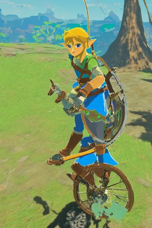 Prompt: in game footage of link from the legend of zelda breath of the wild riding a unicycle, breath of the wild art style.