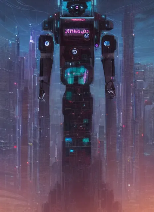 Image similar to a painting of a giant robot standing in front of a city, cyberpunk art by beeple art by james jean, behance contest winner, nuclear art, dystopian art, apocalypse art, sci - fi