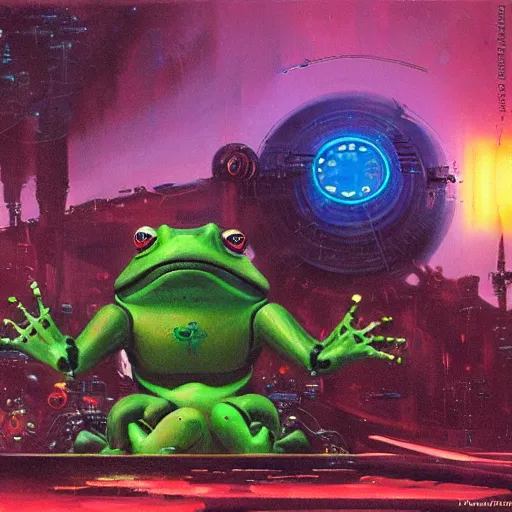Prompt: a large anthropomorphic frog shaped mecha by paul lehr and moebius