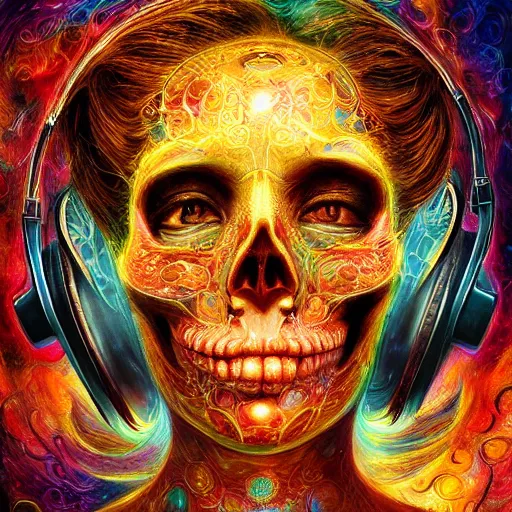 Image similar to portrait of a fantasycore glitchcore deformed skull wearing headphones. intricate abstract. intricate artwork. celestial. prismatic, by josephine wall, pixar, ghibli. octane render, CGSociety very coherent symmetrical artwork. cinematic, hyper realism, high detail, octane render, 8k, holographic accents