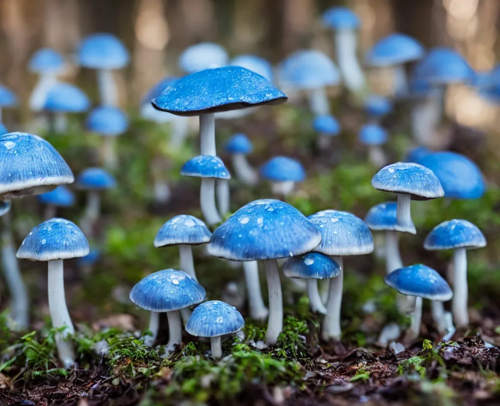 Image similar to blue forest, glowing mushrooms, sigma lens, strong bokeh, photography, highly detailed, 8 5 mm, f / 1. 3