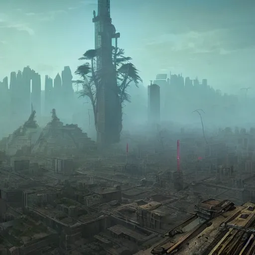 Prompt: mayan cyberpunk city in the center of redwood forest, viewed from a distance, shadow of the colossus screenshot by j. c. leyendecker, simon stalenhag, studio ghibli, and beksinski