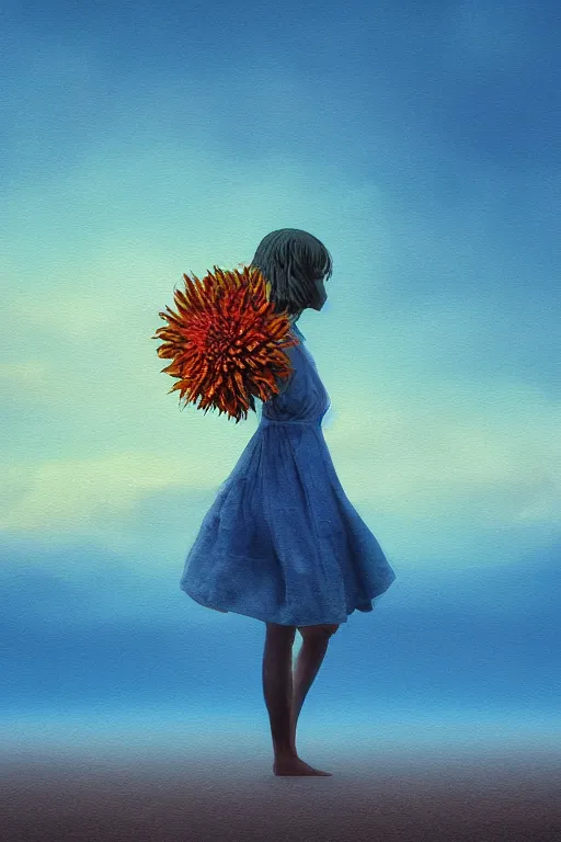 Image similar to closeup giant dahlia flower head, girl standing on beach, surreal photography, blue sky, sunrise, dramatic light, impressionist painting, digital painting, artstation, simon stalenhag