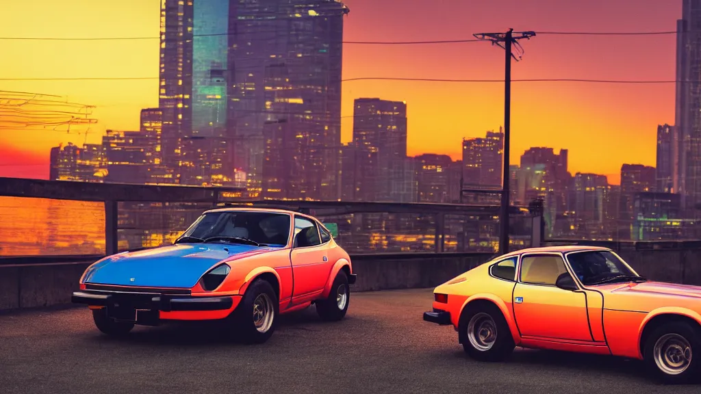 Prompt: neon synthwave 1 9 7 5 datsun 2 6 0 z at sunset, 8 k. filling of the view