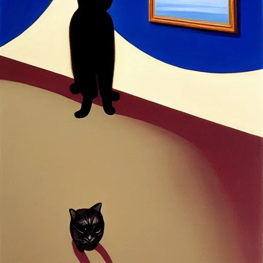 Prompt: in an art gallery, there is a huge painting of carmen herrera blue with white line. a black cat is looking up at the painting. a surrealist painting by george tooker, cgsociety, surrealism, surrealist, dystopian art, 3 d, purple color scheme