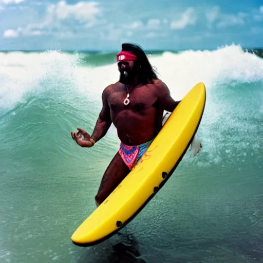 Image similar to macho king randy savage surfing on a dolphin. photo taken with fujinon premista 1 9 - 4 5 mm t 2. 9, portra 8 0 0.