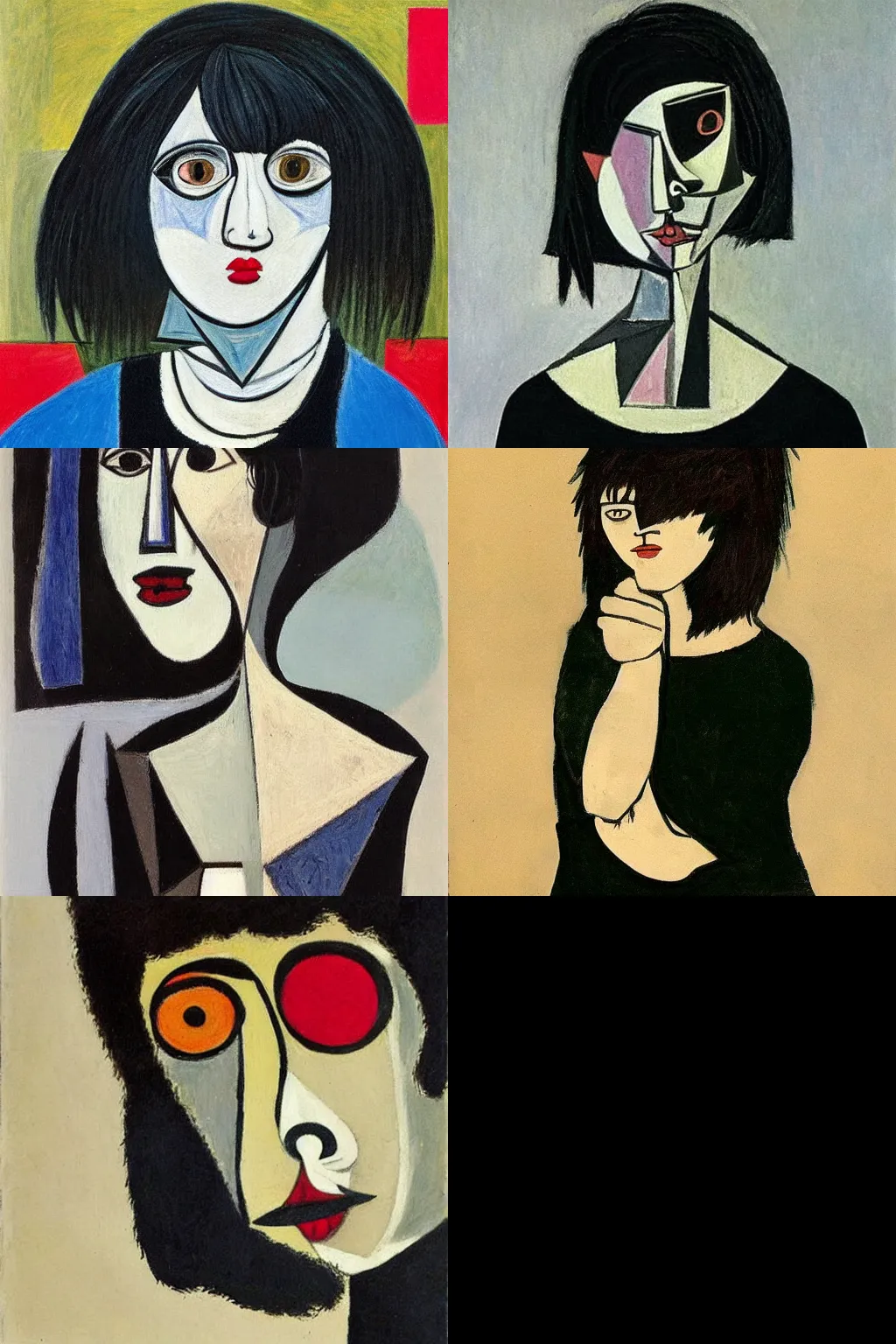 Prompt: an emo character painted by pablo picasso. her hair is dark brown and cut into a short, messy pixie cut. she has a slightly rounded face, with a pointed chin, large entirely - black eyes, and a small nose. she is wearing a black tank top, a black leather jacket, a black knee - length skirt, a black choker, and black leather boots.