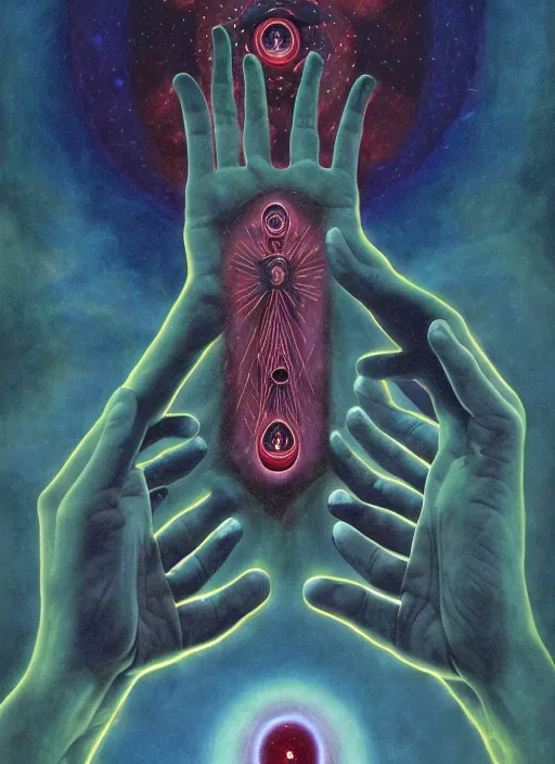 Image similar to antediluvian occult cosmology, panspermia, occult magic hand gestures, magick ritual hand signs, by joe jusko and remedios varo and daniel arsham and robert hooke, rule of thirds, vivid colours, negative space, atmospheric, digital painting, artstation, concept art, smooth, sharp focus