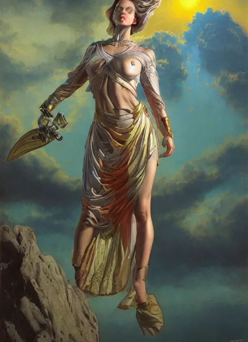 Prompt: biblical strong beautiful female android, bright glowing veins, in clouds, sunset, accretion disk, fashion posing, portrait, by gerald brom, by mikhail vrubel, by peter elson, muted colors, extreme detail, reflections, trending on artstation, 8 k
