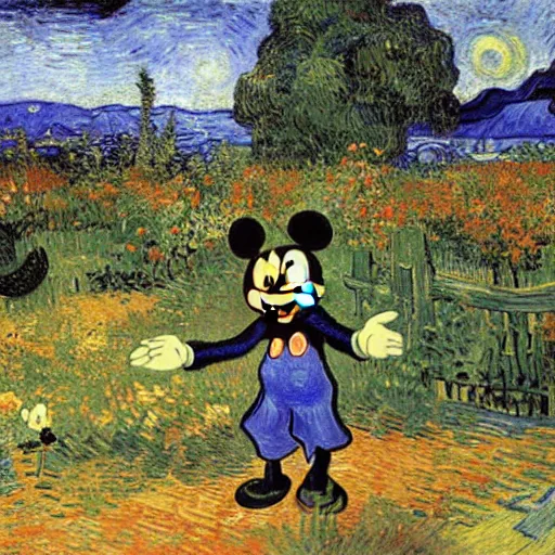 Image similar to mickey mouse entering the garden of eden, oil painting by van gogh, masterpiece