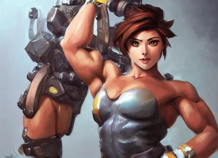 Image similar to portrait of tracer from overwatch as a beautiful female bodybuilder amazon with plump lips, elegant, fantasy, hd shot, digital portrait, beautiful, artstation, comic style, by artgerm, guy denning, jakub rozalski, magali villeneuve and charlie bowater