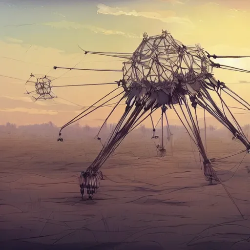 Image similar to a strandbeest in the middle of a field. landscape, concept art, in the style of wlop, rossdraws, ghibli, digital art, artstation trending