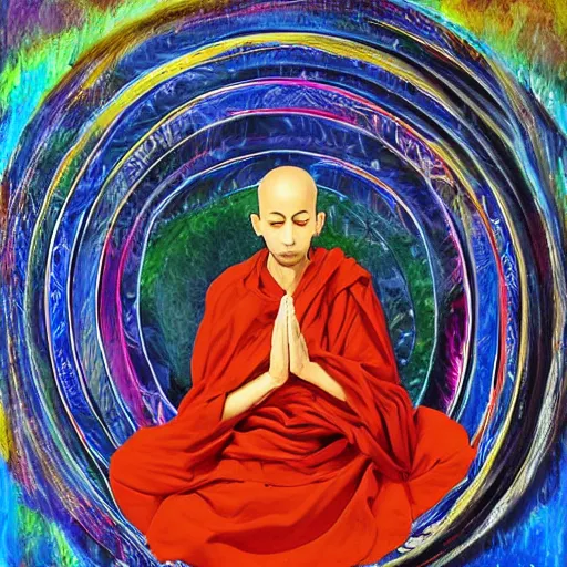 Prompt: an abstract painting that captivates the viewer, illusions, beautiful, fantasy, meditation. A monk meditates in the center to unlock his full potential, smooth, flow, highly detailed