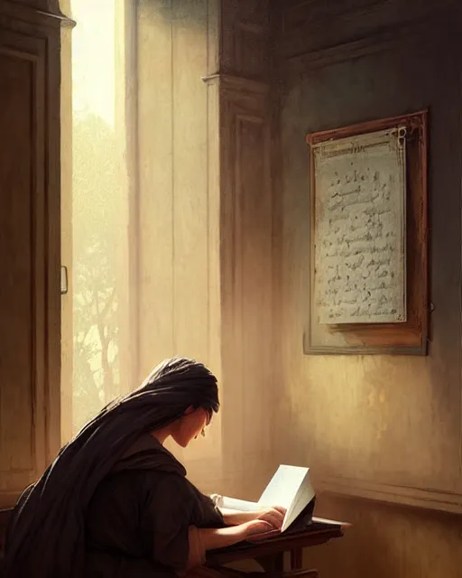 Image similar to old scribe writing a book, pov | | realistic shaded, fine details, realistic shaded lighting poster by greg rutkowski, magali villeneuve, artgerm, jeremy lipkin and michael garmash and rob rey