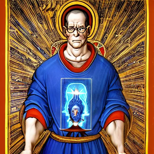 Prompt: hank hill as the god of propane, white tshirt, blue jeans, surrounded by blue fire and blue flames, renaissance religious painting, late gothic religious paintings, byzantine religious art, painting by duccio di buoninsegna and carlo crivelli, trending on artstation