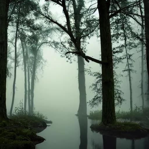 Prompt: a magical forrest, river, fog