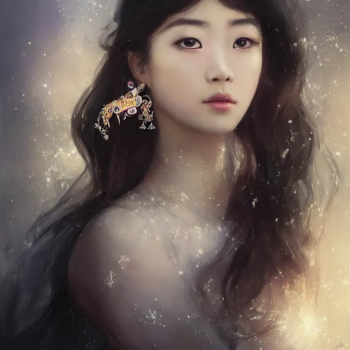 Image similar to a beautiful young charming asian goddess with sundress + jewelry + shinny eyes | | winter, symmetric, realistic shaded, unpleasant face, good looking, fine details, dior, lv, realistic shaded lighting poster by greg rutkowski, macoto takahashi, magali villeneuve, artgerm, jeremy lipkin and michael garmash