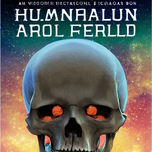 Prompt: A human skeleton in a museum with a holographic planet Earth next to it, science fiction, book cover