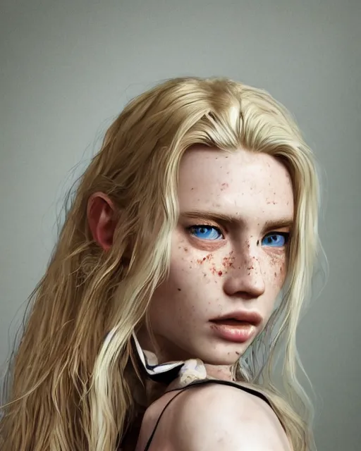 Image similar to portrait of a pretty russian girl, blue eyes, freckles, blonde hair, half korean, au naturel, hyper detailed, digital art, trending in artstation, cinematic lighting, studio quality, smooth render, fluorescent skin, unreal engine 5 rendered, octane rendered, art style by klimt and nixeu and ian sprigger and wlop and krenz cushart