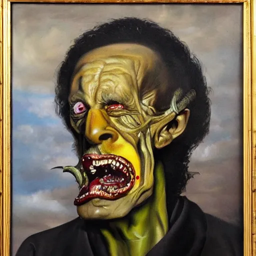 Prompt: Oil painting by Christian Rex Van Minnen and Salvador Dali of a portrait of an extremely bizarre disturbing mutated man with intense chiaroscuro lighting perfect composition