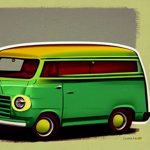 Image similar to retro painting illustration of a volswagen van, 2 d, pastel color, green, yellow, red, retro style art, trendy on artstation