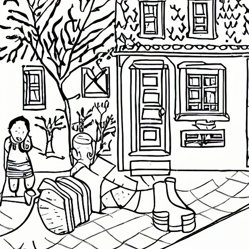 Prompt: a children's book scene with no colors, designed for children to learn coloring