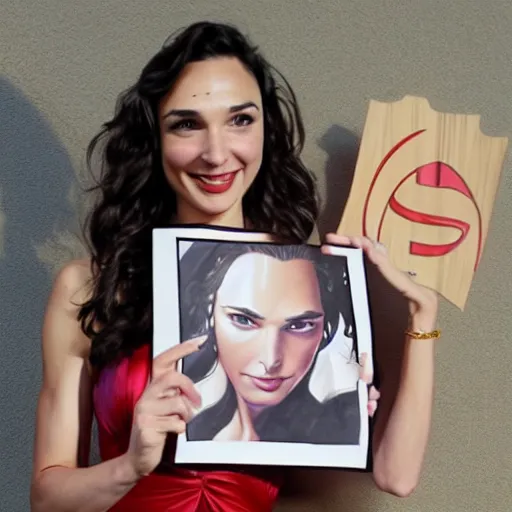 Image similar to Gal Gadot holding a sign that SHE LOVES MITCH!!!!!! as painted by Ralph Horsley