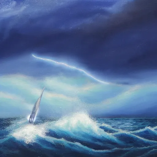 Prompt: a blue whale jumping in a storm in the ocean, full moon, blue light, oil painting