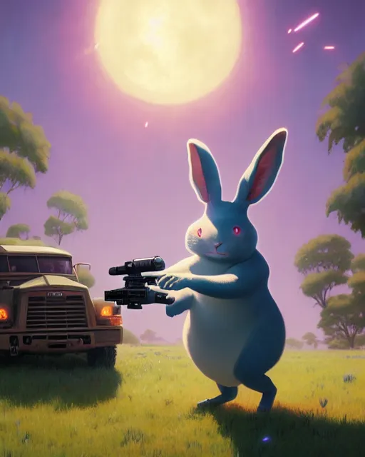 Image similar to highly detailed surreal vfx portrait of a cute, happy big chungus, shooting two mac - 1 0 s, stephen bliss, unreal engine, greg rutkowski, loish, rhads, beeple, makoto shinkai and lois van baarle, ilya kuvshinov, rossdraws, tom bagshaw, global illumination, detailed and intricate environment