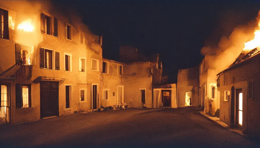 Prompt: 1 9 7 0 s movie still of a burning french style townhouse in a small french village by night, cinestill 8 0 0 t 3 5 mm, heavy grain, high quality, high detail, dramatic light, anamorphic, flares