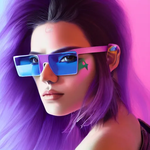 Image similar to closeup painting of a very beautiful young mexican cyberpunk woman with a smirk, wearing light blue venetian blind shades and a purple coloured leather jacket, one side haircut, long brown hair with light blue ends, portrait, hyperdetailed, artstation, cgsociety, 8 k, synthwave!!! image