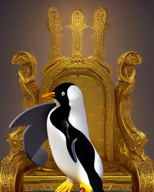 Image similar to oil painting of posh penguin wearing top hat sitting on golden throne, sharp focus, fantasy style, golden steampunk treasury backround, octane render, volumetric lighting, 8k high definition, by greg rutkowski, highly detailed, trending on art Station, magic the gathering artwork, centered