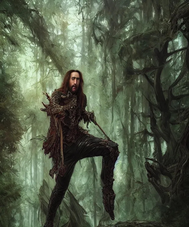 Prompt: epic full body portrait of Nicolas Cage fantasy, intricate, elegant, highly detailed, nicolas cage, nic cage, nicolas cage, digital painting, artstation, concept art, smooth, sharp focus, illustration, deep forest on background, art by artgerm and greg rutkowski and alphonse mucha,