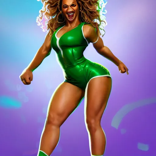 Image similar to Singer Beyoncé as She-Hulk, white leotard with two purple vertical stripes, green skin, wearing purple and white fingerless gloves, wearing purple and white sneakers, mini skirt, smiling, photorealistic, comic pinup style, sports illustrated, detailed legs, hyperreal, surreal, artstation, bokeh, tilt shift photography, photo illustration, Roge Antonio, Jen Bartel