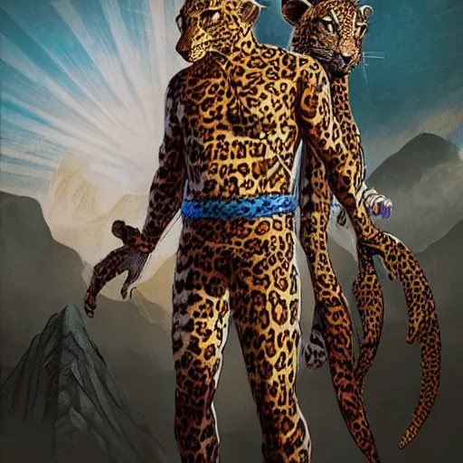 Prompt: the trickster is the god of chance and change. he is the god of adventure and excitement. the trickster is a male god, and he is usually depicted as a man wearing a leopard skin. highly detailed and intricate 8 k concept fantasy art illustration